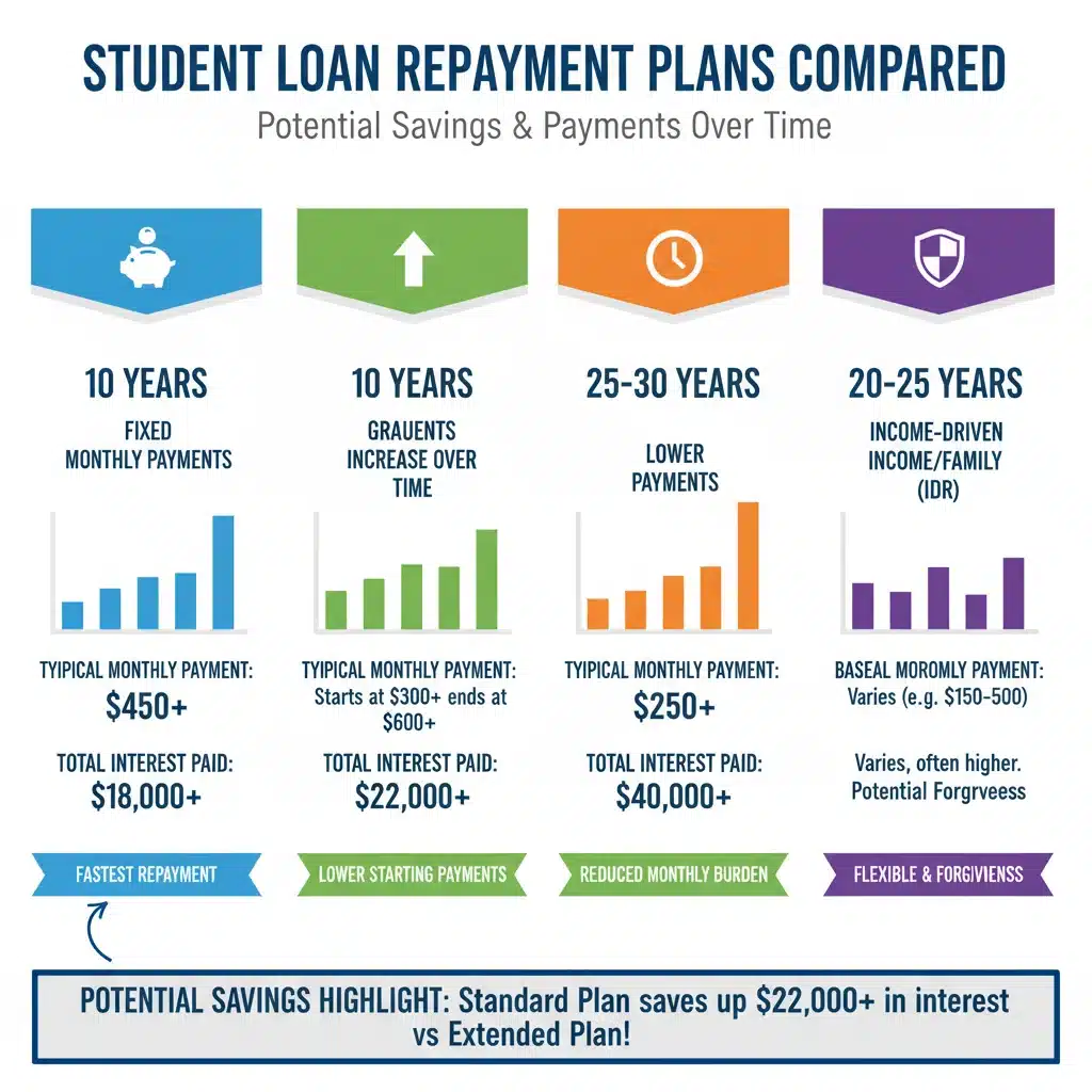 Infographic comparing various student loan repayment plans and their financial impact