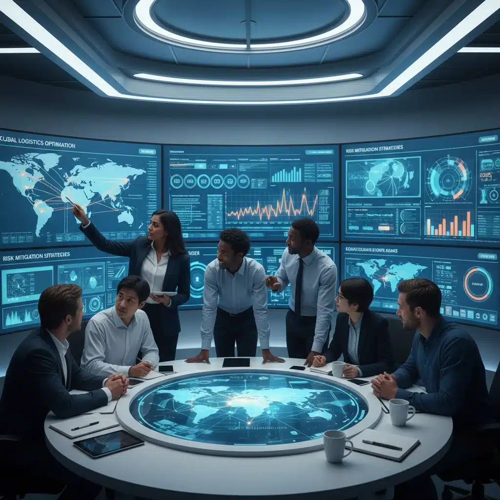 Supply chain team collaborating in a modern control room for optimization