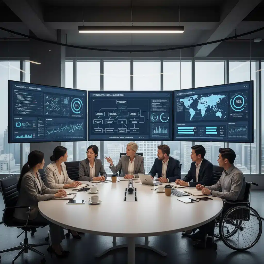 Business professionals collaborating on cybersecurity policy implementation and data training