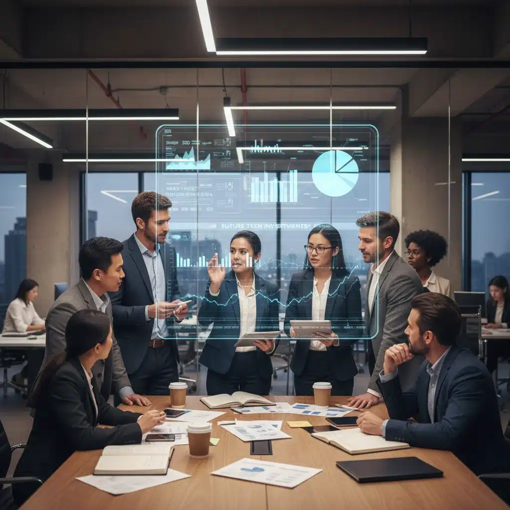 Business professionals collaborating on future tech investment strategies in a modern office