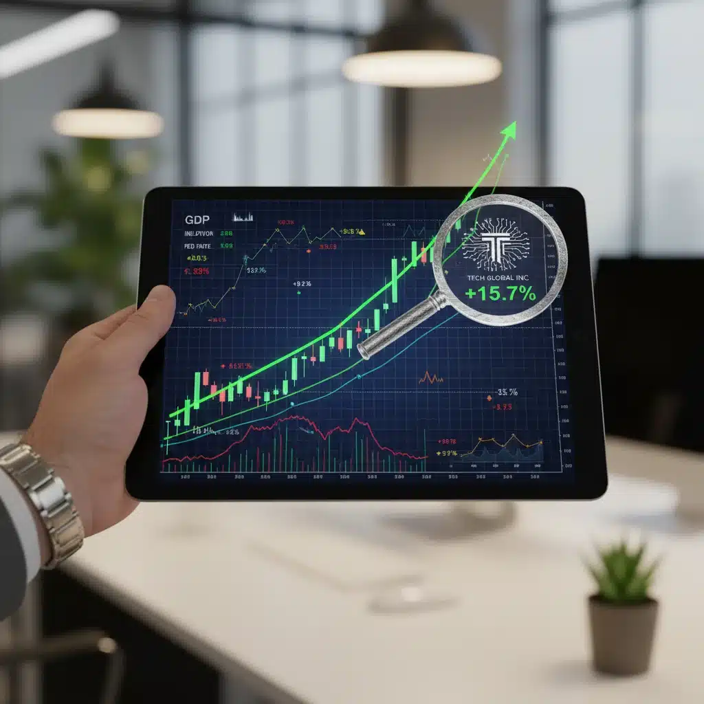 Detailed stock market chart on a tablet showing positive tech sector trends and economic data