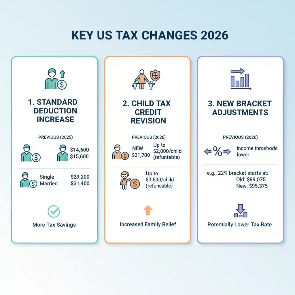 Infographic detailing three key U.S. corporate tax adjustments for 2026