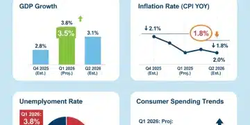 Infographic displaying key US economic indicators for Q1 2026 including GDP, inflation, and unemployment