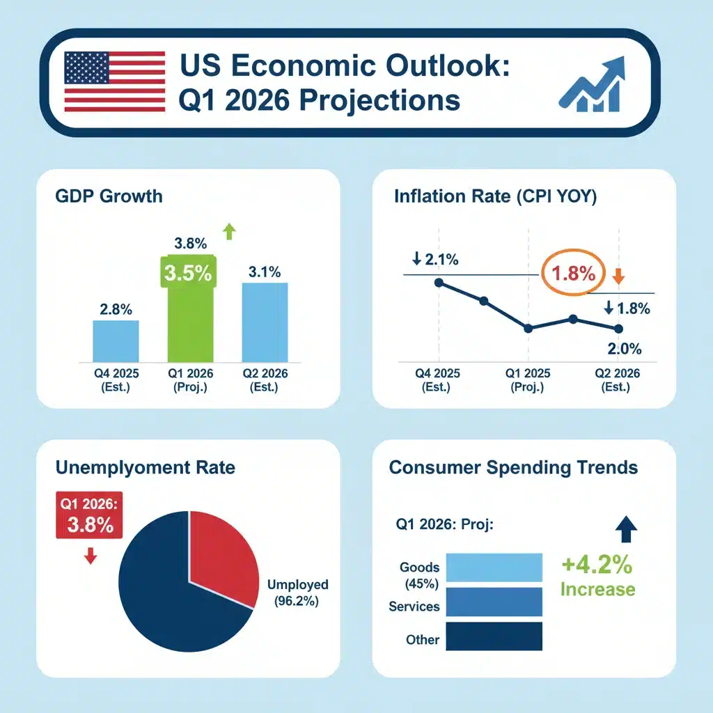 Infographic displaying key US economic indicators for Q1 2026 including GDP, inflation, and unemployment