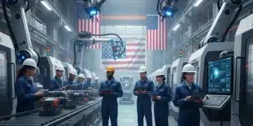 Modern US factory floor with advanced robotics and diverse workers, symbolizing manufacturing growth and innovation.