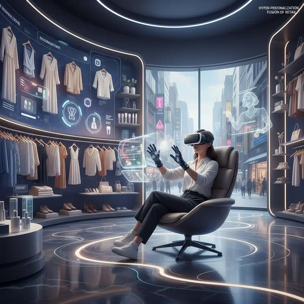 Person in VR headset experiencing personalized virtual shopping, highlighting hyper-personalization.