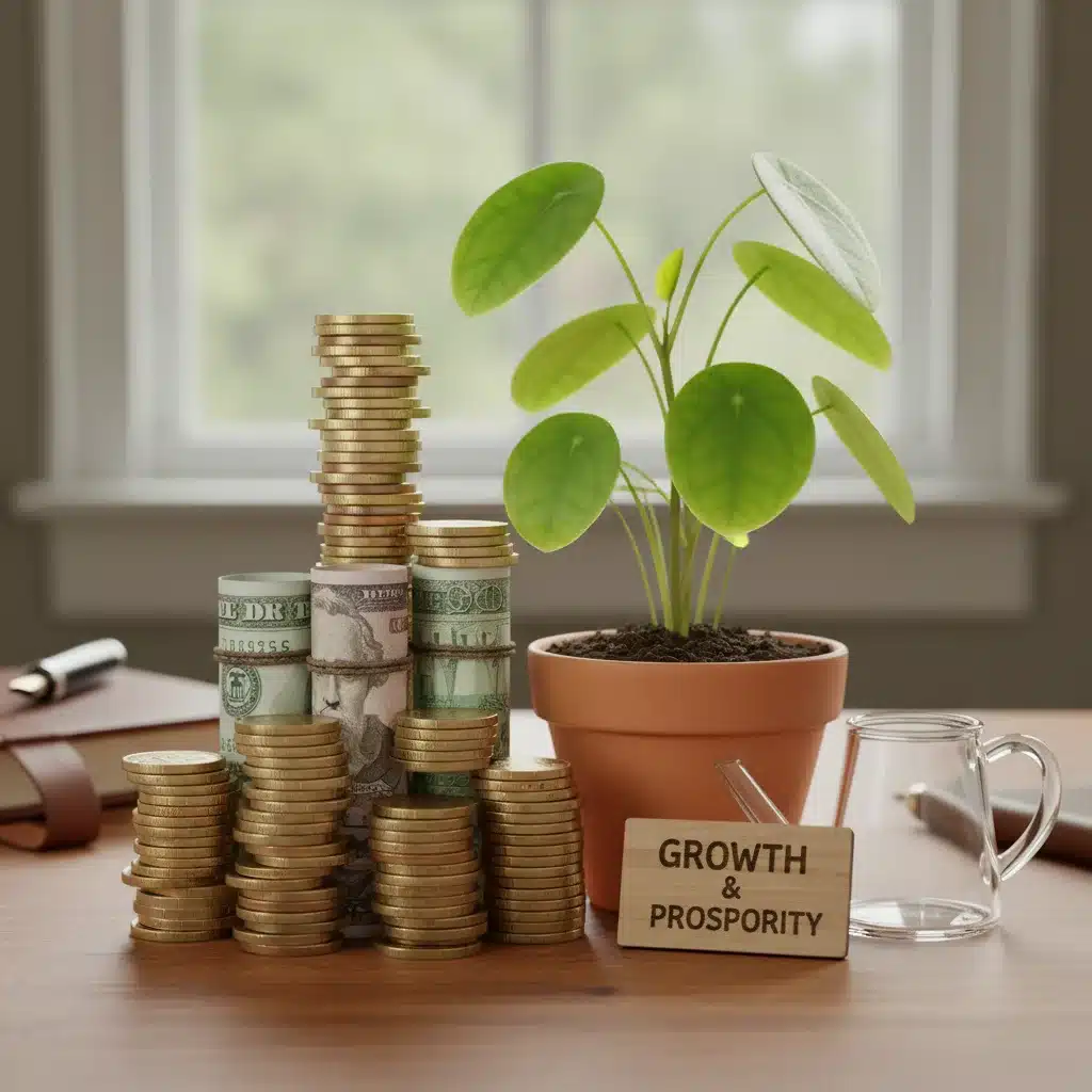 Stack of coins and bills next to a plant, representing wealth growth.