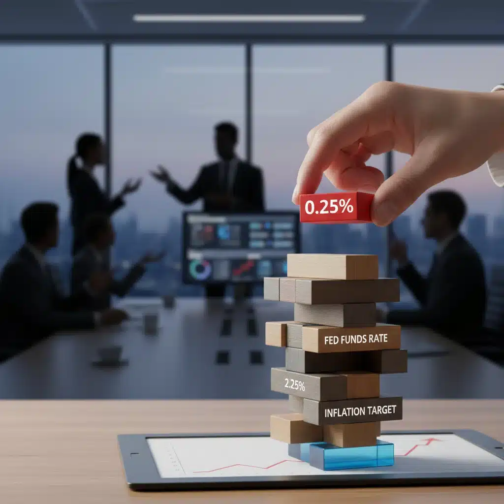 Hand adding 25 basis point block to financial stack, Federal Reserve meeting in background
