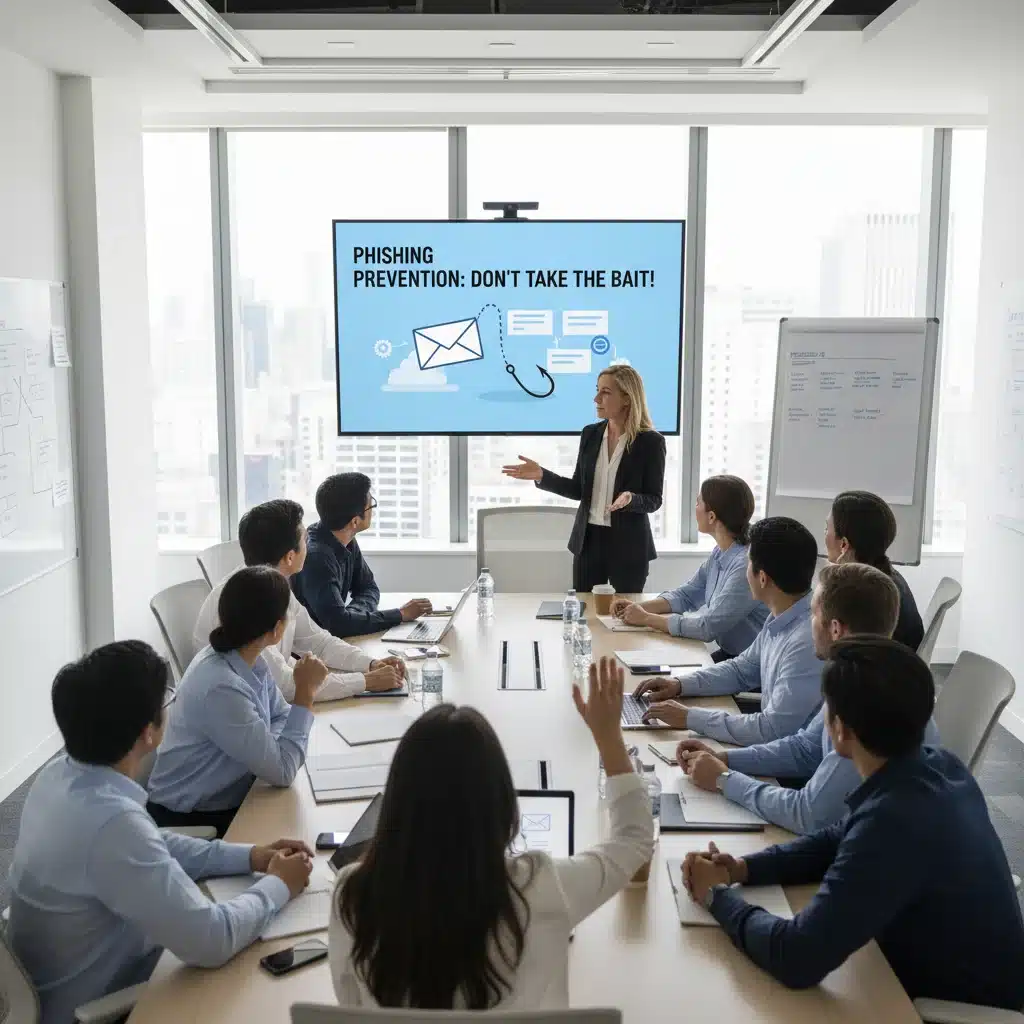 Employees engaged in cybersecurity awareness training session