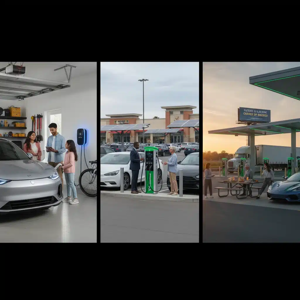 People using diverse electric vehicle charging stations across the US.