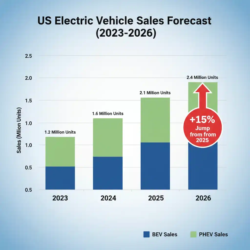 Infographic showing projected 15% increase in 2026 US electric vehicle sales.
