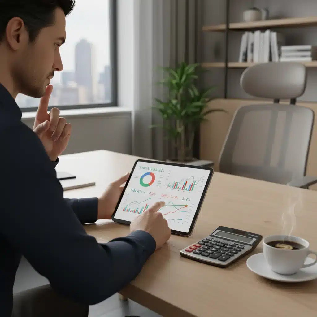 Person analyzing financial data on a tablet, considering inflation and interest rates.