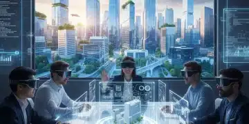 Professionals collaborating remotely in a futuristic office setting