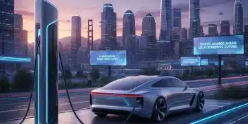 Futuristic electric car charging in a modern city, representing 2026 US EV sales growth.