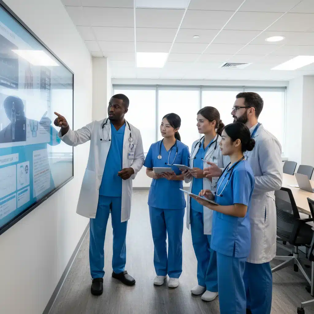 Healthcare professionals collaborating with digital health records on an interactive screen.