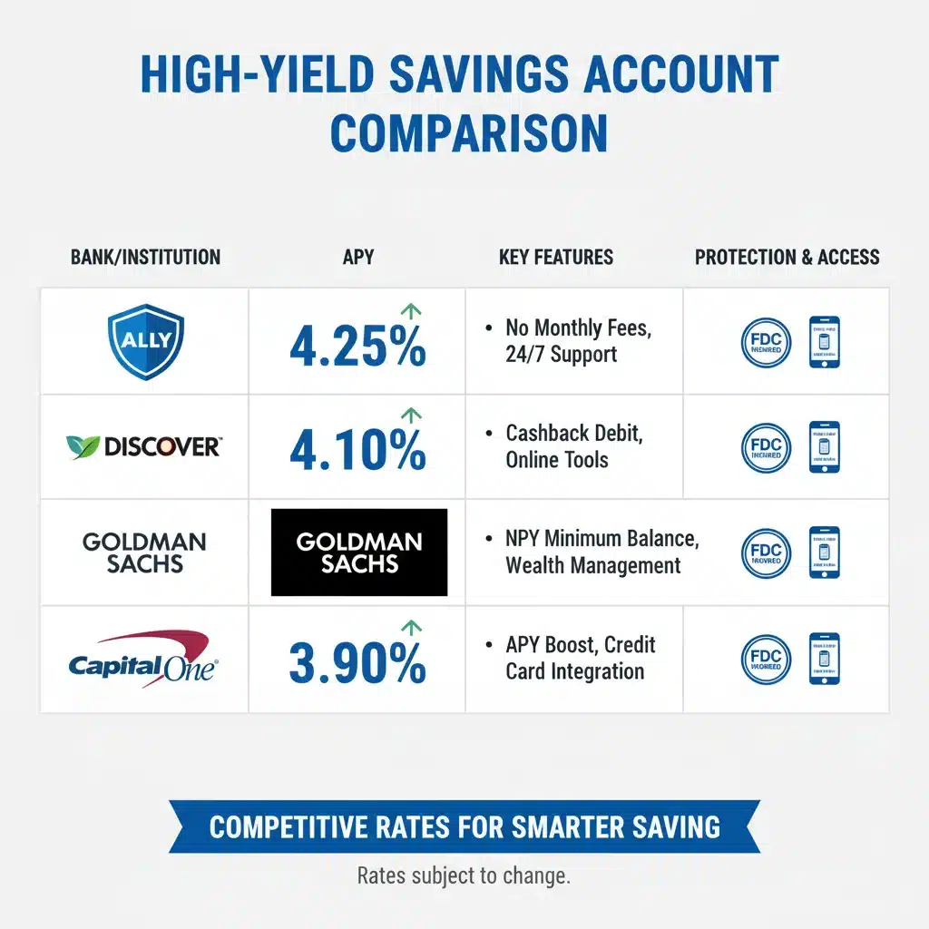 Comparison chart of top high-yield savings accounts with APY and features.