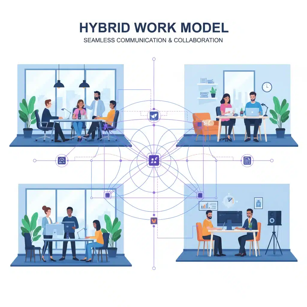 Hybrid work model showing office and home workspaces connected digitally