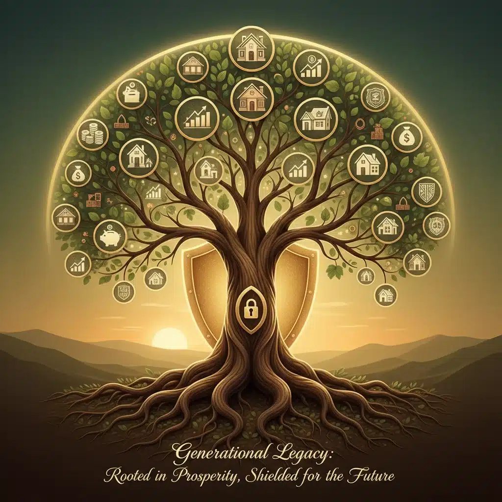 Visual representation of intergenerational wealth transfer and asset protection through estate planning