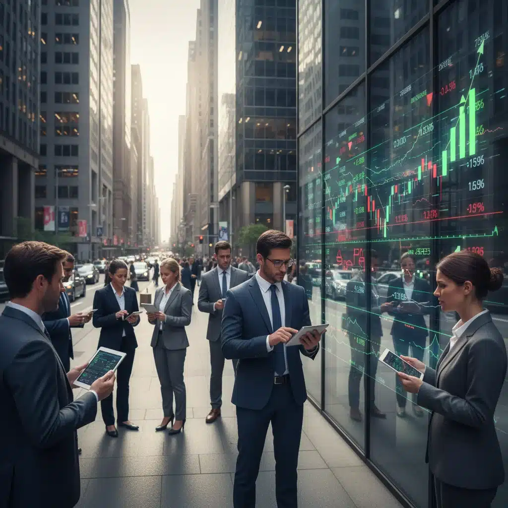 Diverse investors reacting to market changes and economic indicators
