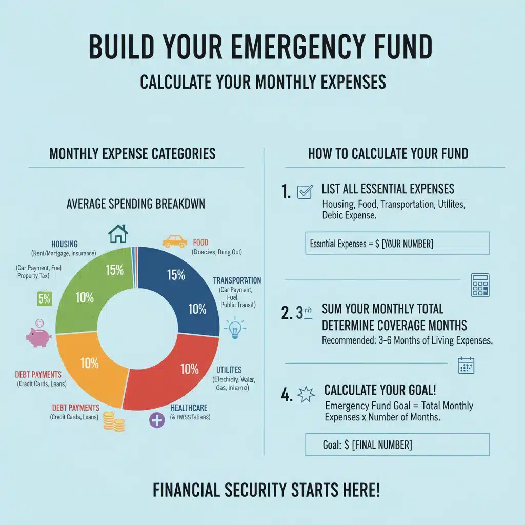 Infographic detailing monthly expenses breakdown for emergency fund calculation.