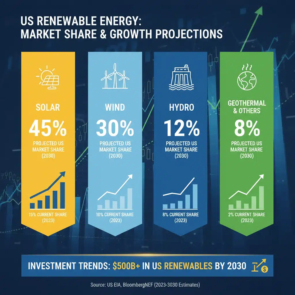 Infographic detailing US renewable energy source breakdown and investment trends.