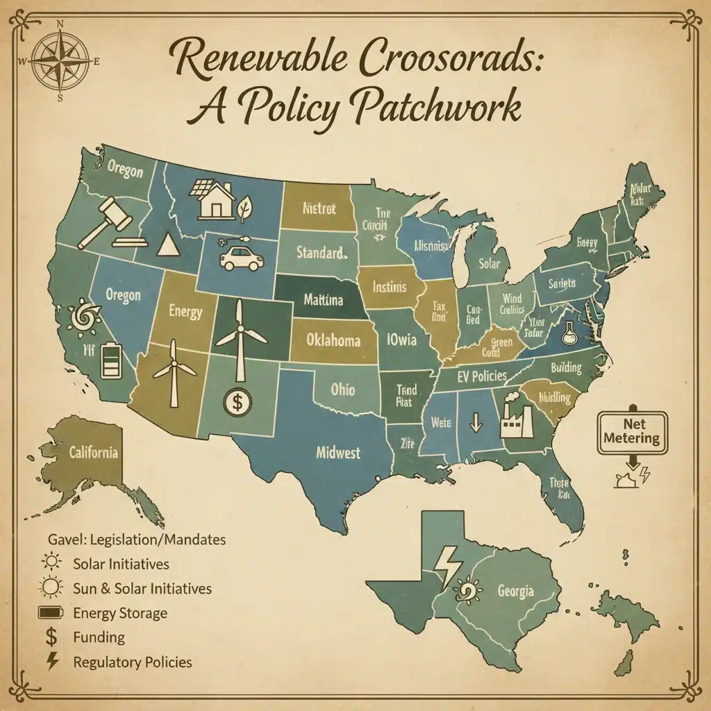 Map of the US highlighting state-level renewable energy policies and incentives.